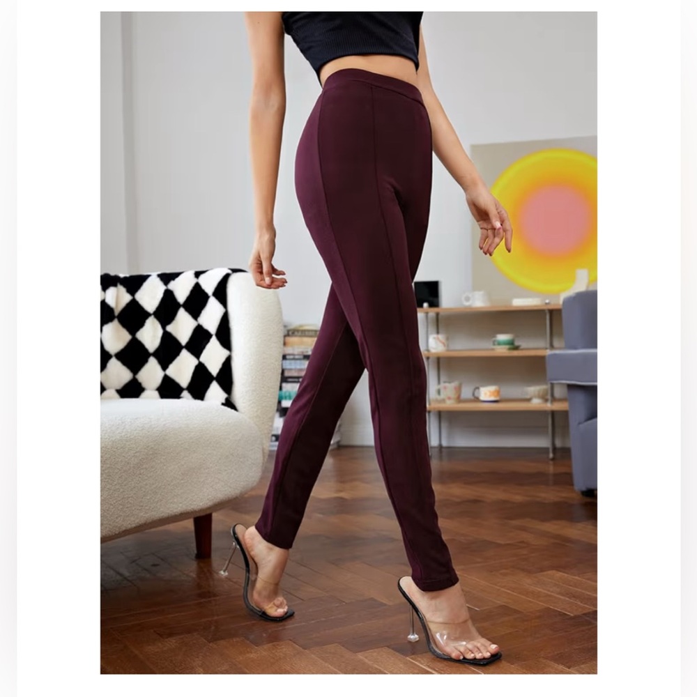 Divided H&M Burgundy Leggings Solid Skinny Pants High Waisted Slit Hem Cottage S